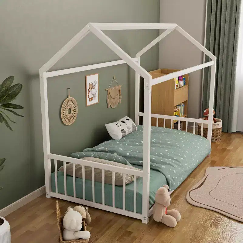 Struttura letto in metallo a pavimento, misura singola, a forma di casetta con sponde di protezione