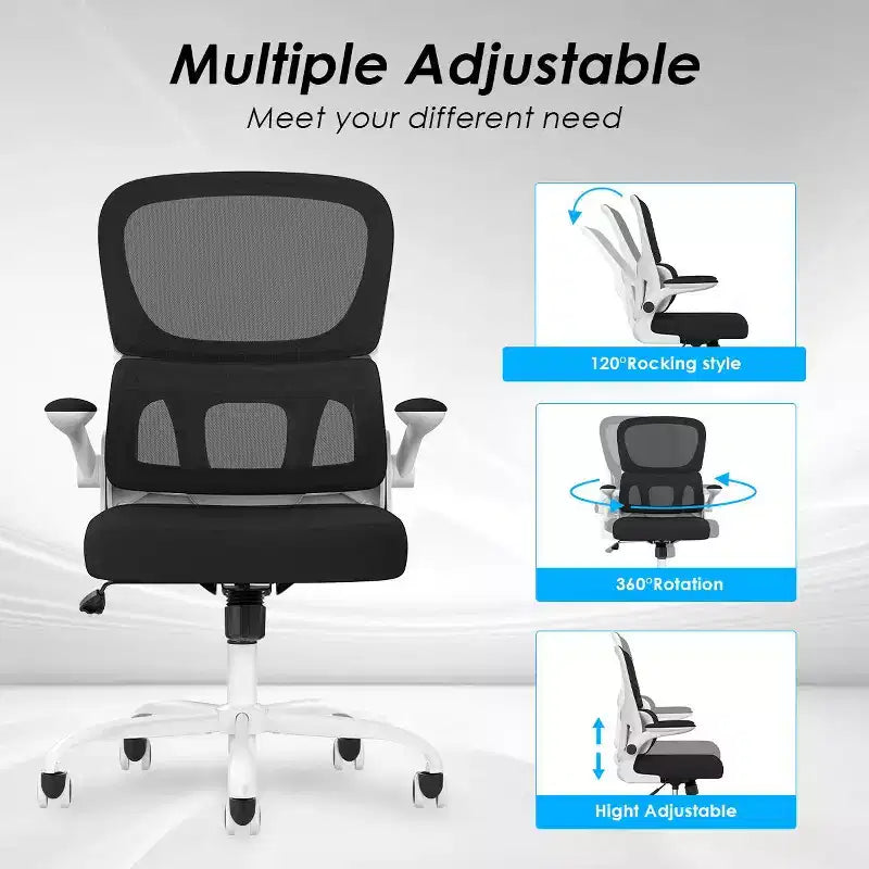 Sedia da ufficio ergonomica in rete, sedia da computer con supporto lombare e bracciolo ribaltabile, sedia comoda con ruote per studio, ufficio, casa