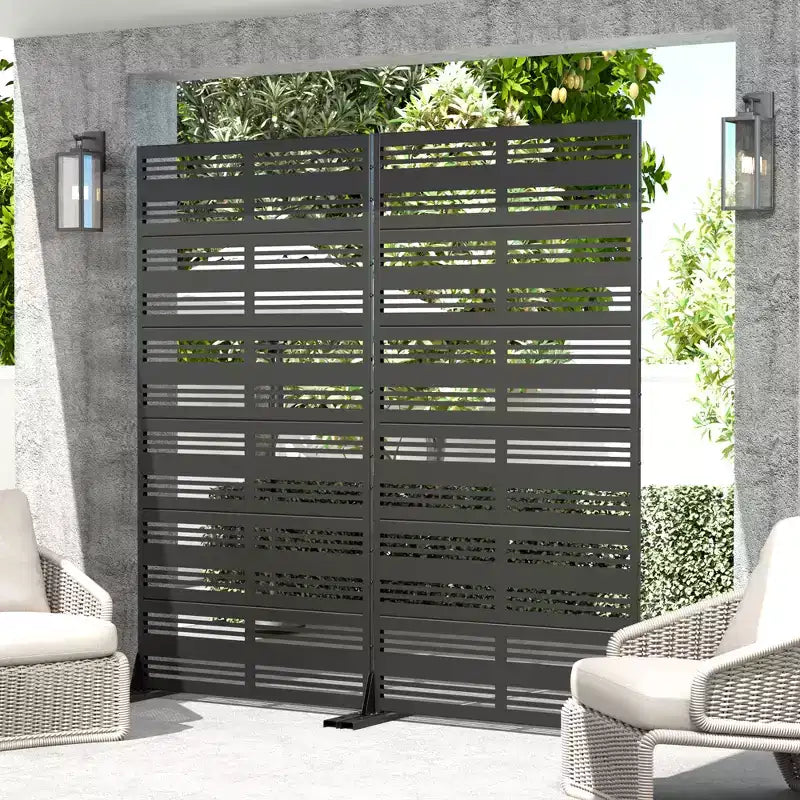 Divisorio Paravento Decorativo Nero in Acciaio Zincato con Lamelle Strette e Larghe, da Esterno e Interno, con Base Autoportante per la Privacy