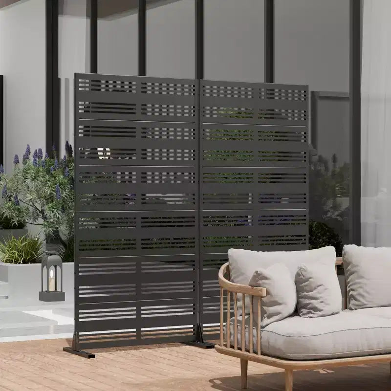 Divisorio Paravento Decorativo Nero in Acciaio Zincato con Lamelle Strette e Larghe, da Esterno e Interno, con Base Autoportante per la Privacy