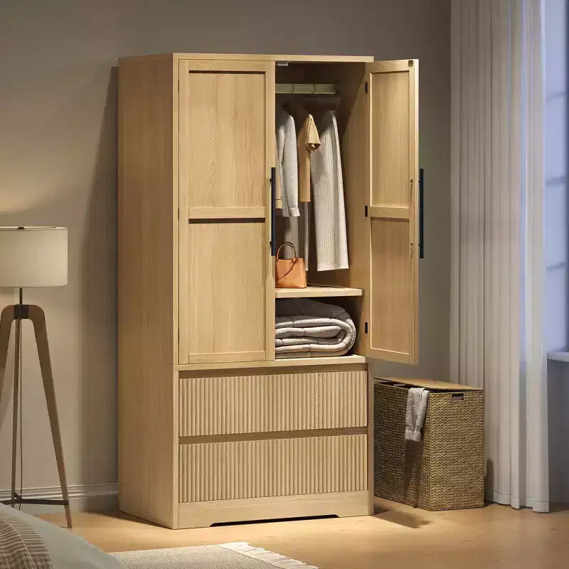 Armadio alto con asta appendiabiti e cassetti, armadio contenitore 2-in-1 con ante in legno per camera da letto, organizer di grande capacità con design antiribaltamento
