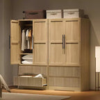 Armadio alto con asta appendiabiti e cassetti, armadio contenitore 2-in-1 con ante in legno per camera da letto, organizer di grande capacità con design antiribaltamento