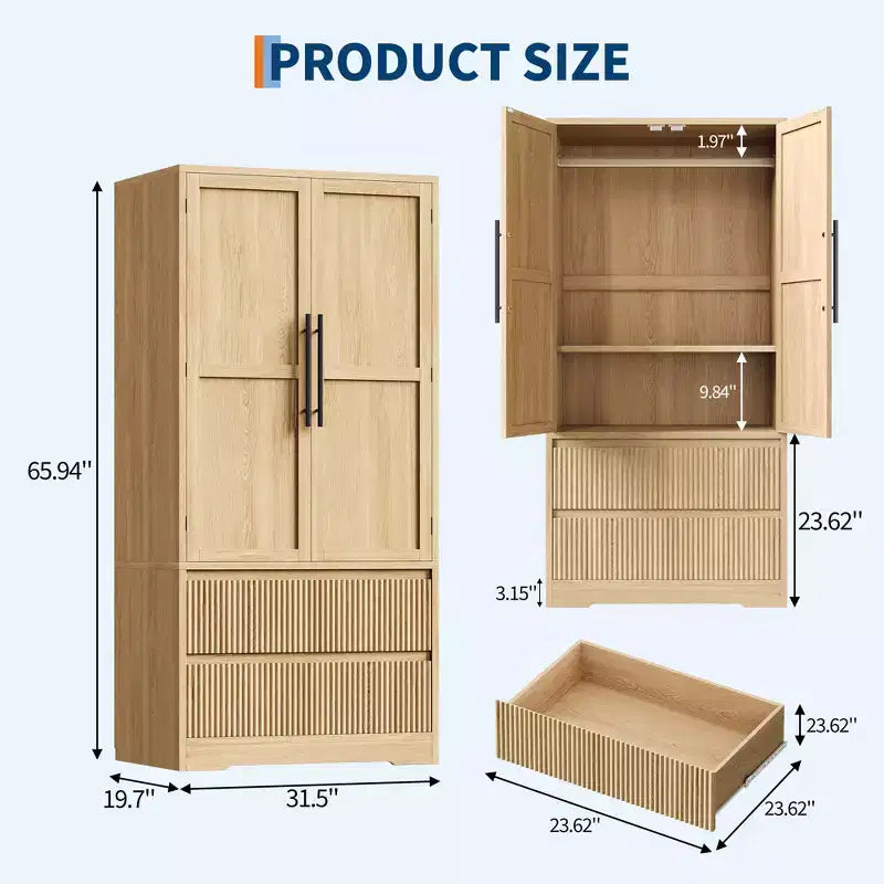 Armadio alto con asta appendiabiti e cassetti, armadio contenitore 2-in-1 con ante in legno per camera da letto, organizer di grande capacità con design antiribaltamento