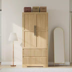 Armadio alto con asta appendiabiti e cassetti, armadio contenitore 2-in-1 con ante in legno per camera da letto, organizer di grande capacità con design antiribaltamento