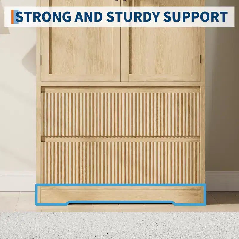 Armadio alto con asta appendiabiti e cassetti, armadio contenitore 2-in-1 con ante in legno per camera da letto, organizer di grande capacità con design antiribaltamento