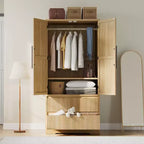 Armadio alto con asta appendiabiti e cassetti, armadio contenitore 2-in-1 con ante in legno per camera da letto, organizer di grande capacità con design antiribaltamento