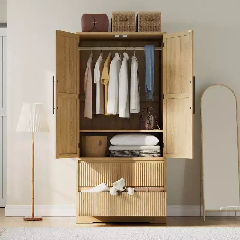 Armadio alto con asta appendiabiti e cassetti, armadio contenitore 2-in-1 con ante in legno per camera da letto, organizer di grande capacità con design antiribaltamento
