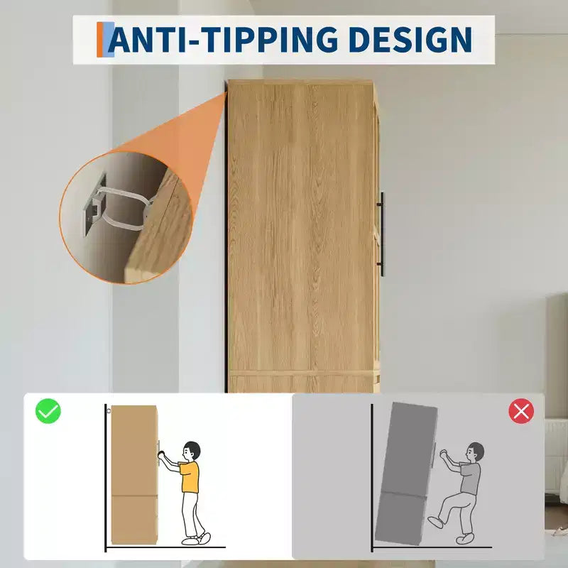 Armadio alto con asta appendiabiti e cassetti, armadio contenitore 2-in-1 con ante in legno per camera da letto, organizer di grande capacità con design antiribaltamento