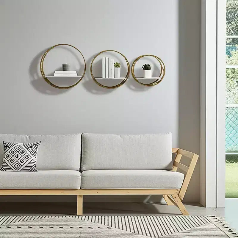 Mensole rotonde moderne in metallo da parete - Mensole galleggianti con struttura in ferro e ripiano in legno - Per decorazione casa, ufficio, stanza - Set da 3, bianco