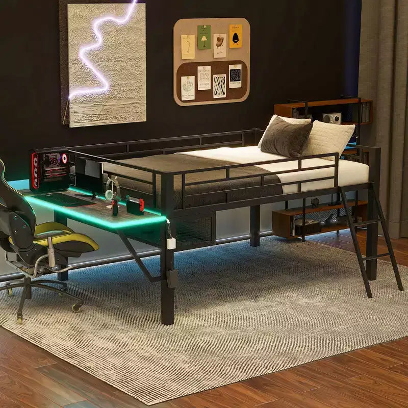 Bellemave Full Size Metal Loft Bed with Desk and LED Lights, Gaming Loft Bed Frame with Storage, Black