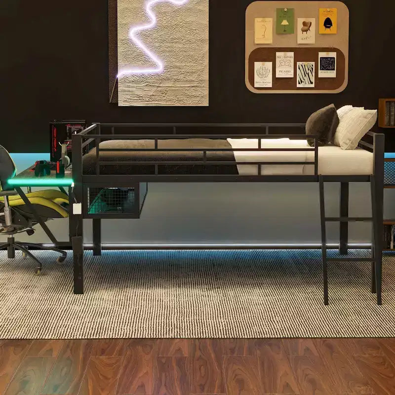 Letto a soppalco in metallo full-size con scrivania e luci a LED, struttura per letto a soppalco da gaming con spazio di archiviazione, nero