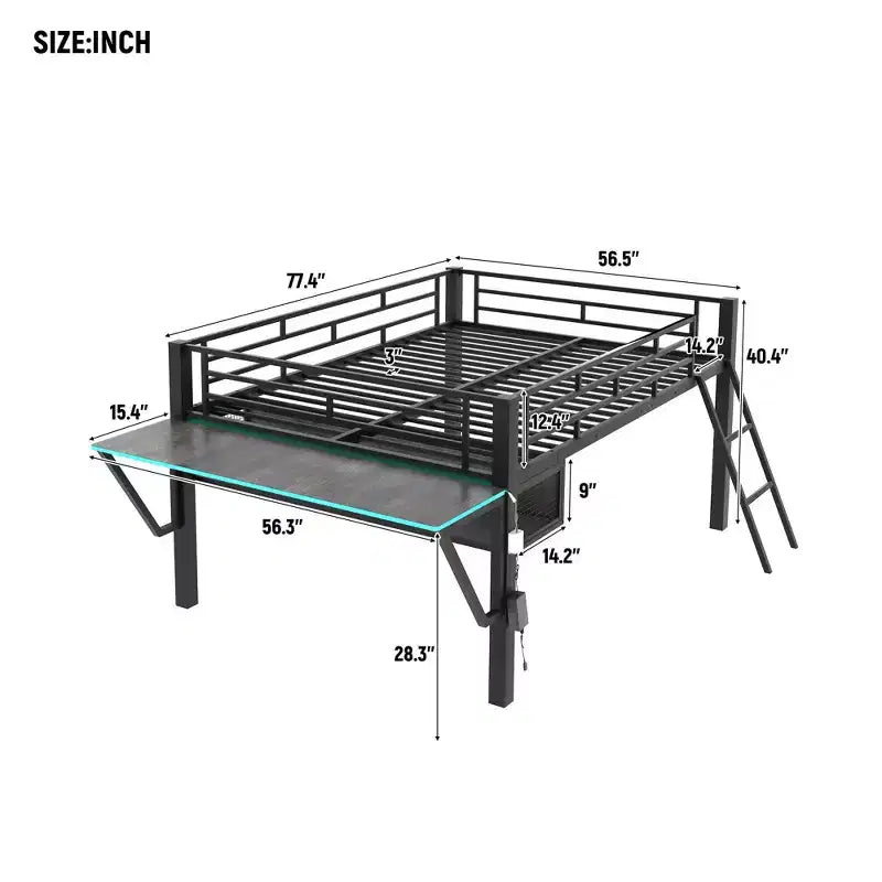 Letto a soppalco in metallo full-size con scrivania e luci a LED, struttura per letto a soppalco da gaming con spazio di archiviazione, nero