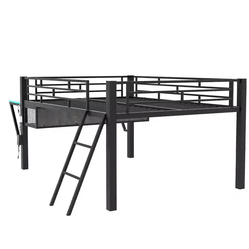 Letto a soppalco in metallo full-size con scrivania e luci a LED, struttura per letto a soppalco da gaming con spazio di archiviazione, nero