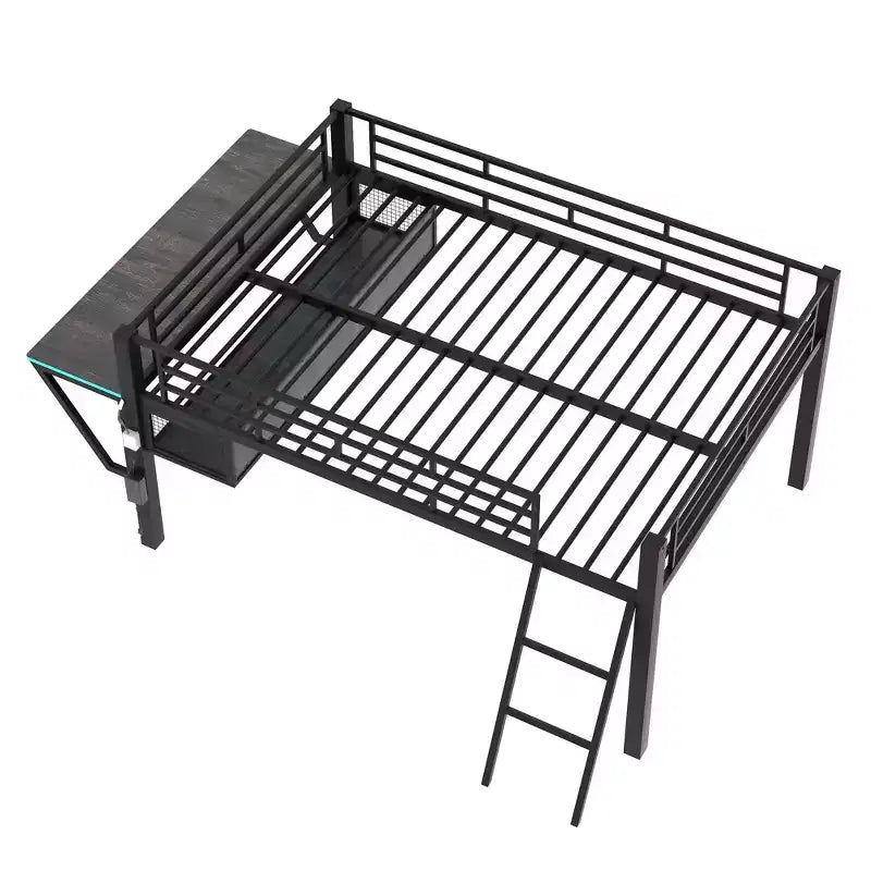 Letto a soppalco in metallo full-size con scrivania e luci a LED, struttura per letto a soppalco da gaming con spazio di archiviazione, nero