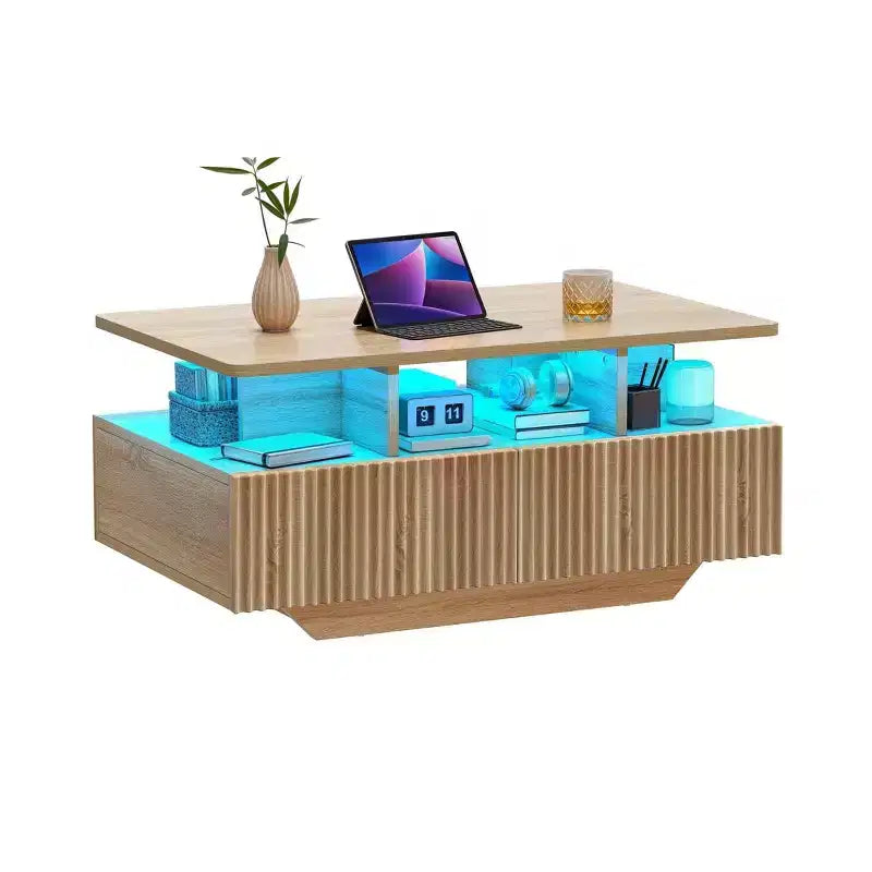 Tavolino da caffè in stile rustico con luci a LED, 4 cassetti e scomparto aperto, design rettangolare moderno, in legno
