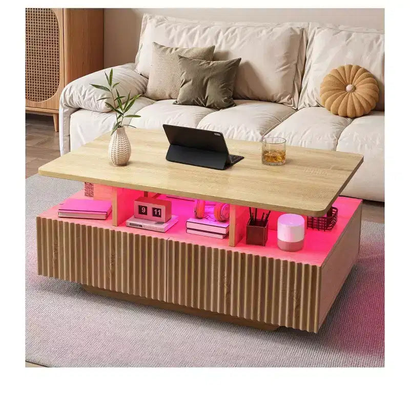 Tavolino da caffè in stile rustico con luci a LED, 4 cassetti e scomparto aperto, design rettangolare moderno, in legno