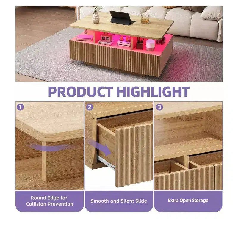 Tavolino da caffè in stile rustico con luci a LED, 4 cassetti e scomparto aperto, design rettangolare moderno, in legno