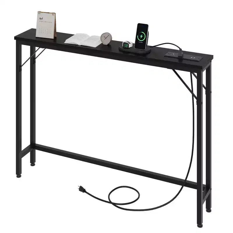 5.9 Tavolino da Divano Stretto con Prese, Tavolino Console Sottile con Spazio Contenitore, Tavolino Stretto Dietro il Divano per Soggiorno, Ingresso, Corridoio, Foyer - Nero