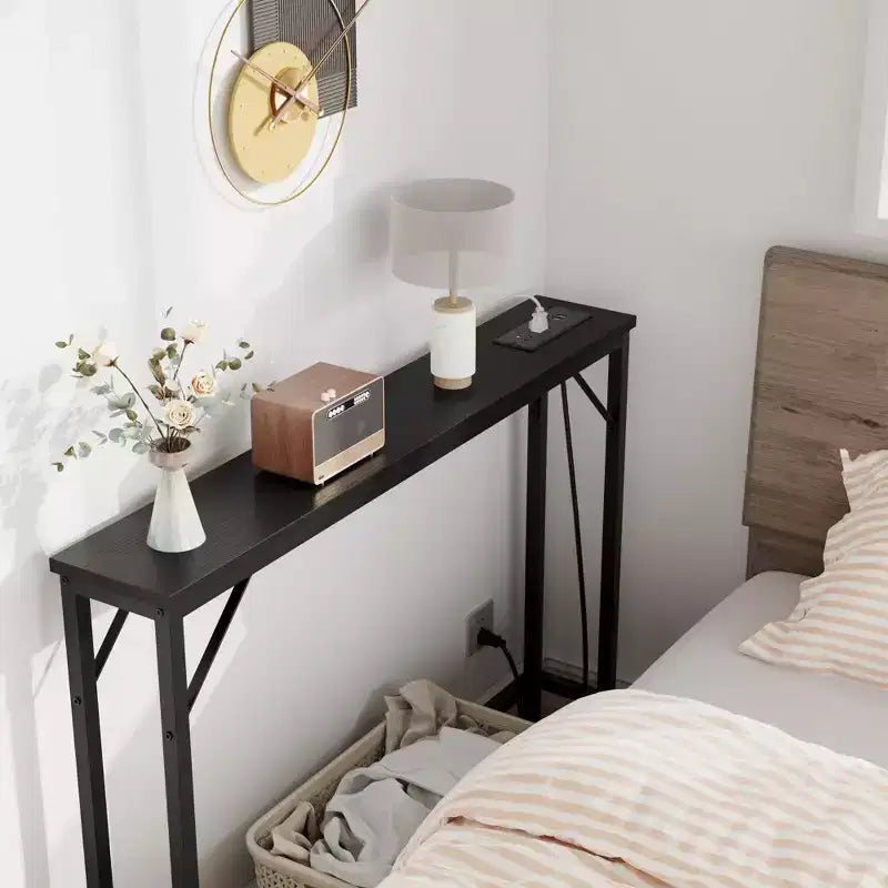 5.9 Tavolino da Divano Stretto con Prese, Tavolino Console Sottile con Spazio Contenitore, Tavolino Stretto Dietro il Divano per Soggiorno, Ingresso, Corridoio, Foyer - Nero