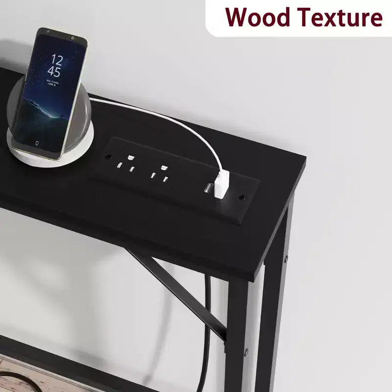 5.9 Tavolino da Divano Stretto con Prese, Tavolino Console Sottile con Spazio Contenitore, Tavolino Stretto Dietro il Divano per Soggiorno, Ingresso, Corridoio, Foyer - Nero