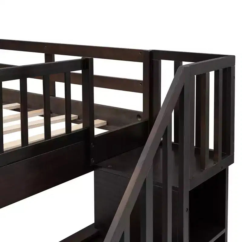 Letti a castello Full su Full con scale, letto a castello in legno Full con scala, contenitore e ringhiera per dormitorio