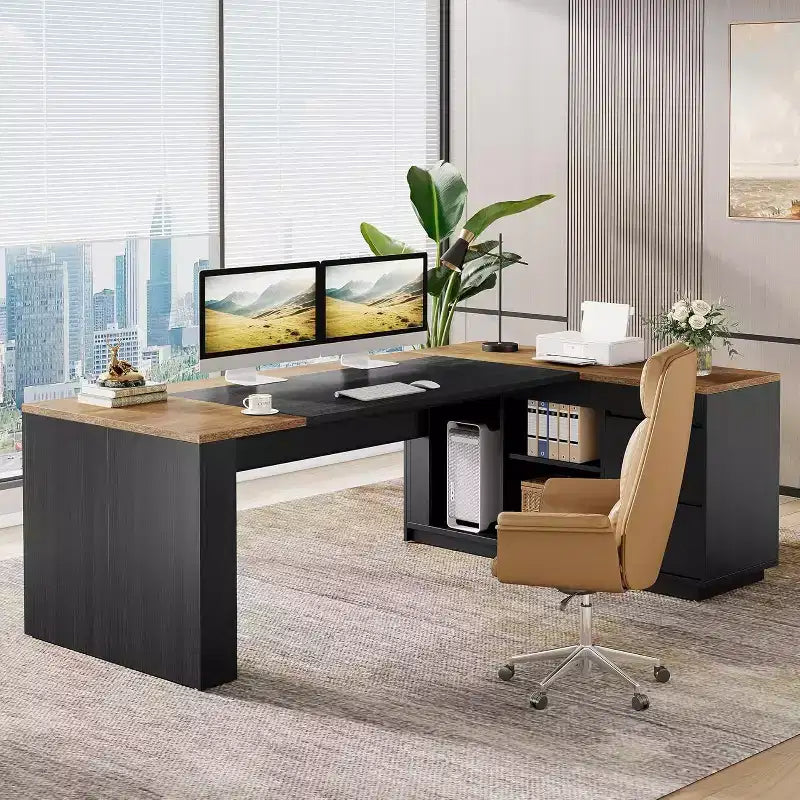 Scrivania direzionale a L da 78 pollici con cassetti, scrivania per computer con mobiletto, workstation di arredamento aziendale per ufficio domestico