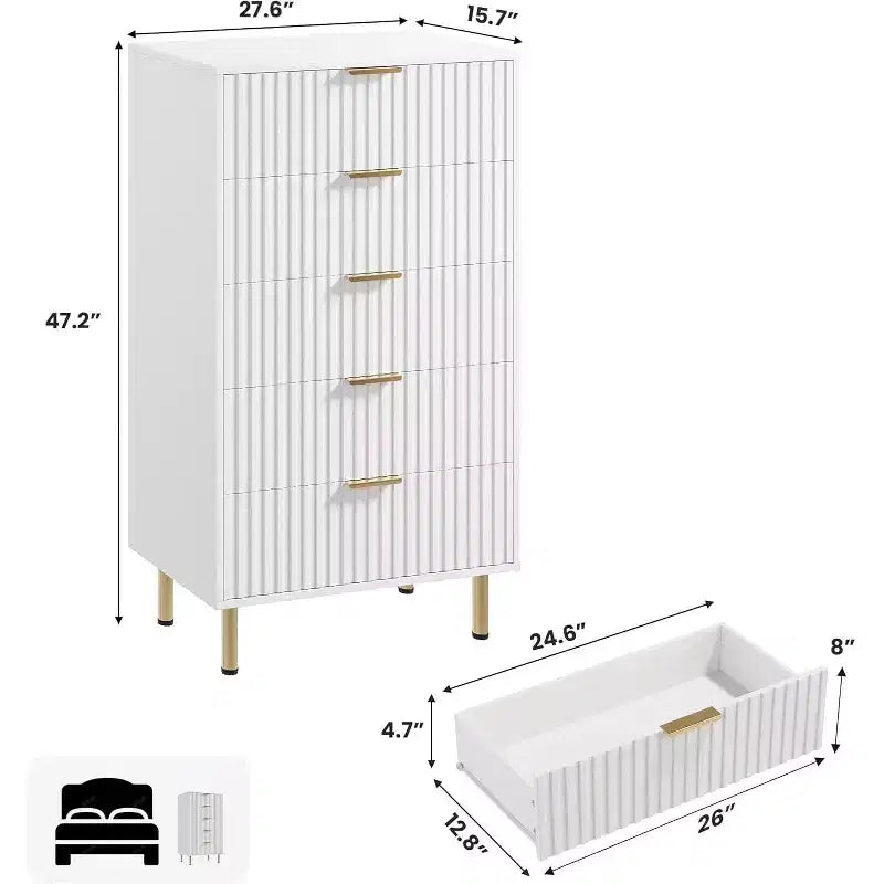 Cassettiera a 5 cassetti scanalati per camera da letto, cassettiera moderna alta 122 cm con cassetti profondi e piano ampio, per soggiorno, corridoio, camera dei bambini