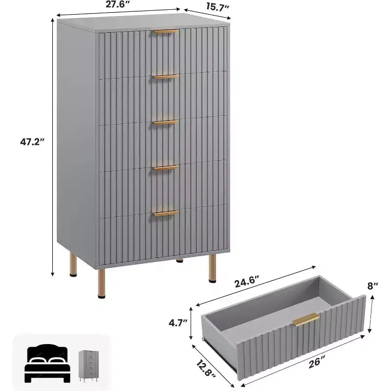 Cassettiera a 5 cassetti scanalati per camera da letto, cassettiera moderna alta 122 cm con cassetti profondi e piano ampio, per soggiorno, corridoio, camera dei bambini