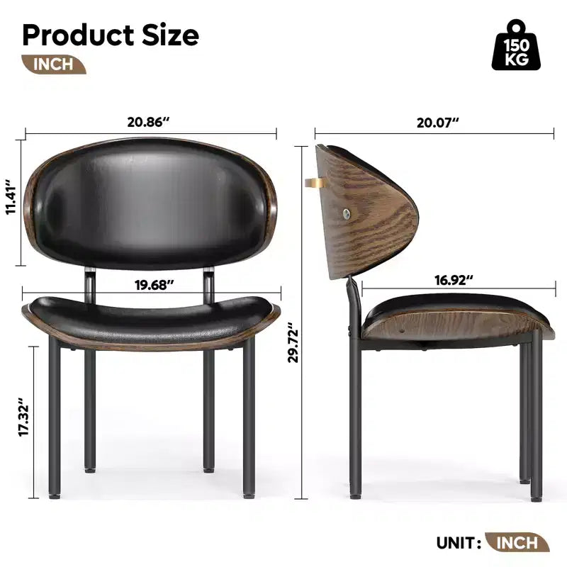 Sedie da Soggiorno in Legno Curvato, Sedie da Cucina Ergonomiche in Pelle PU, Sedie in Legno Senza Braccioli, Sedie da Ufficio Mid-Century, Nere, 2 Pezzi
