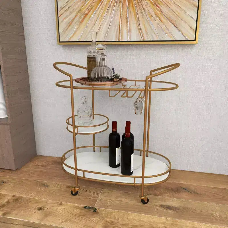 Carrello Bar Contemporaneo in Ferro Dorato: Elegante Contenitore a 3 Ripiani con Ruote, per Interni