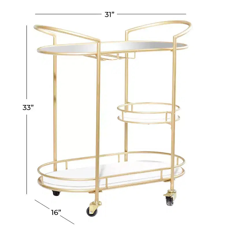 Carrello Bar Contemporaneo in Ferro Dorato: Elegante Contenitore a 3 Ripiani con Ruote, per Interni