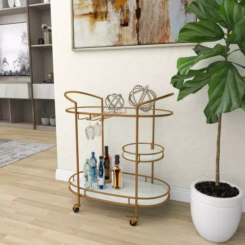 Carrello Bar Contemporaneo in Ferro Dorato: Elegante Contenitore a 3 Ripiani con Ruote, per Interni