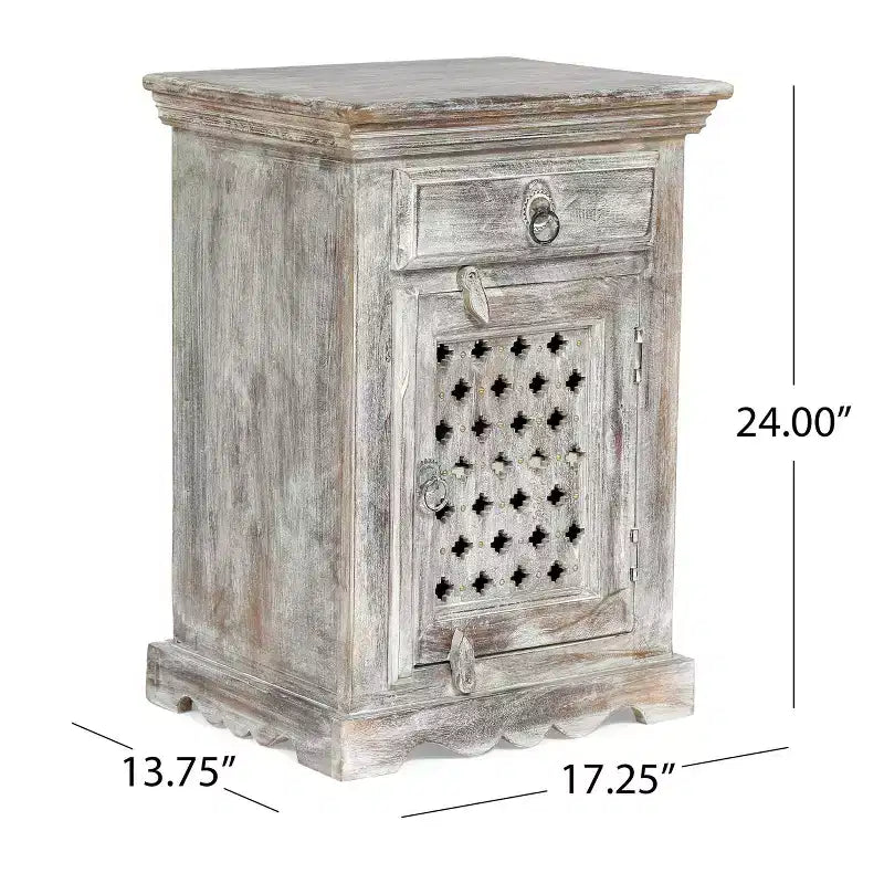 Comodino Tijeras Artigianale Boho in Legno di Mango Bianco Decapato: Realizzato a Mano, Mobile Contenitore, Nessun Montaggio Richiesto