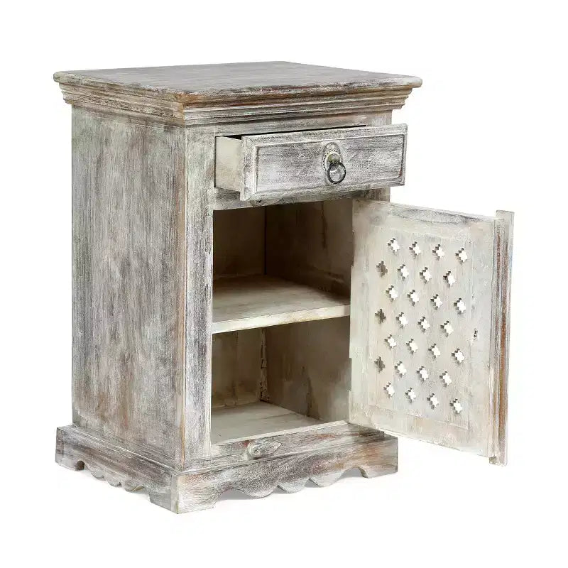 Comodino Tijeras Artigianale Boho in Legno di Mango Bianco Decapato: Realizzato a Mano, Mobile Contenitore, Nessun Montaggio Richiesto