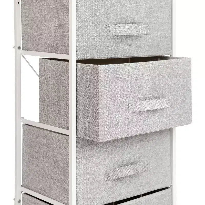 Cassettiera verticale con struttura in ghisa e piano in legno, a 4 cassetti in tessuto con maniglie.