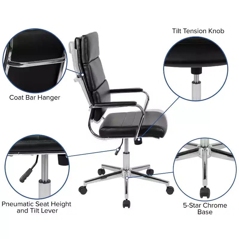 Sedia da ufficio ergonomica con schienale alto, braccioli in metallo imbottiti, sedia direzionale girevole per computer e scrivania