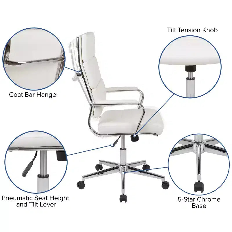 Sedia da ufficio ergonomica con schienale alto, braccioli in metallo imbottiti, sedia direzionale girevole per computer e scrivania
