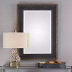 Specchio da parete rettangolare rustico smussato con cornice in legno nera bronzata anticata, 76 cm di larghezza per bagno, camera da letto, casa
