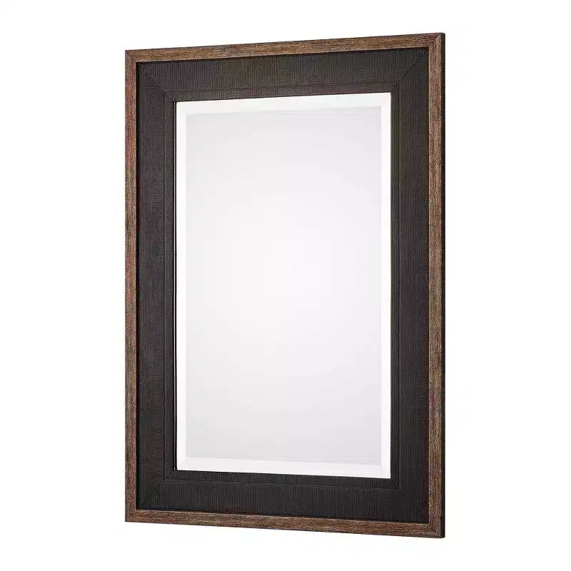Specchio da parete rettangolare rustico smussato con cornice in legno nera bronzata anticata, 76 cm di larghezza per bagno, camera da letto, casa