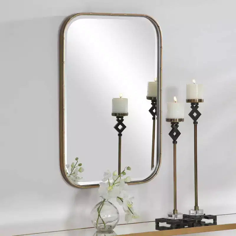 Specchio da parete rettangolare da bagno/camera da letto/casa, moderno con bordo smussato, cornice in ferro dorato anticato, larghezza 51,4 cm