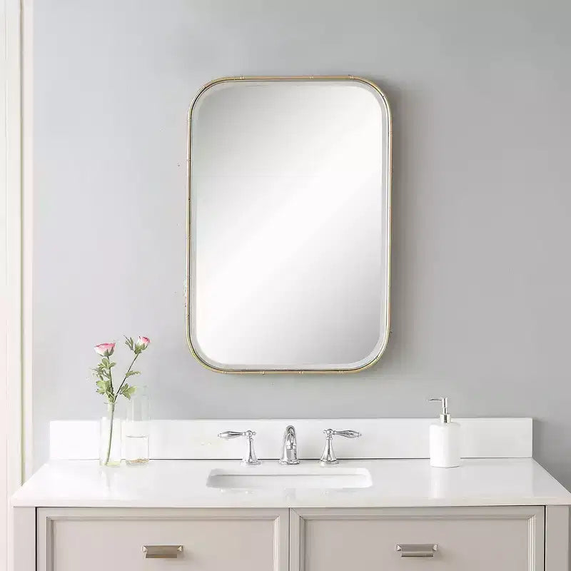 Specchio da parete rettangolare da bagno/camera da letto/casa, moderno con bordo smussato, cornice in ferro dorato anticato, larghezza 51,4 cm