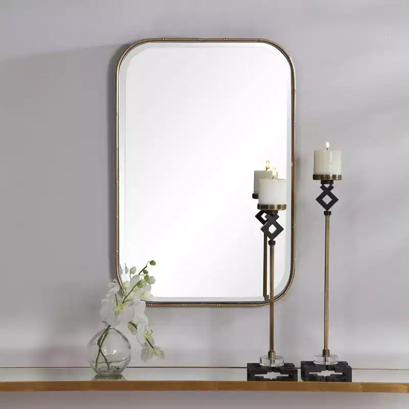 Specchio da parete rettangolare da bagno/camera da letto/casa, moderno con bordo smussato, cornice in ferro dorato anticato, larghezza 51,4 cm