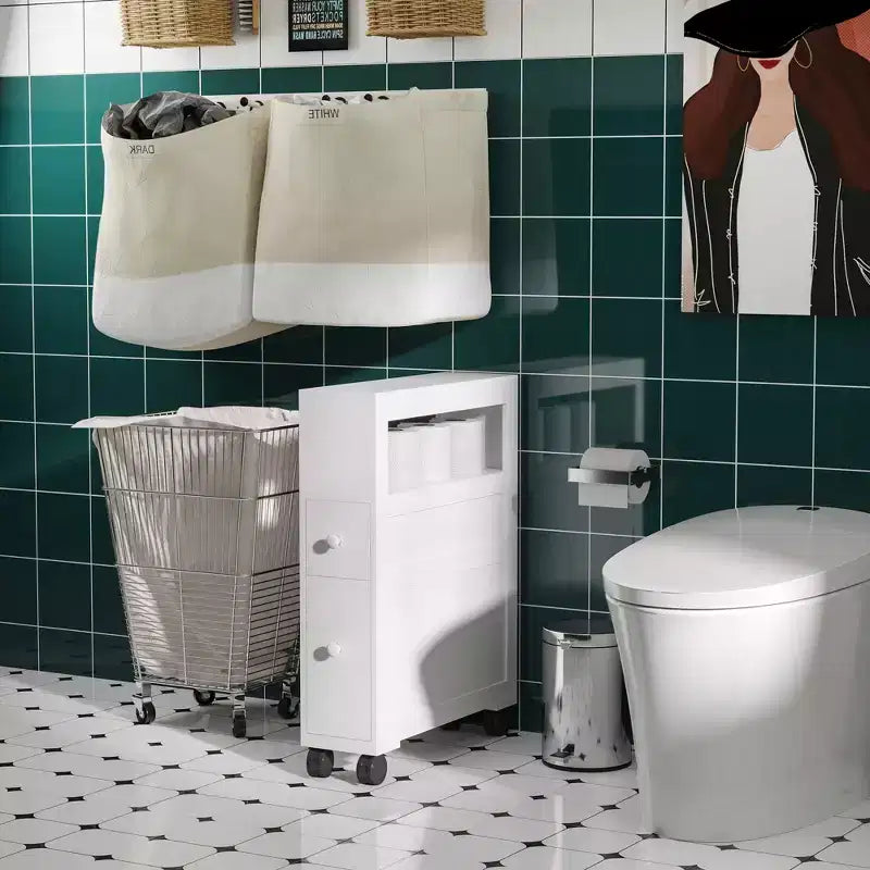 Mobiletto Salvaspazio da Bagno Stretto in Legno con Ruote 6,25 x 20,5 x 28,25
