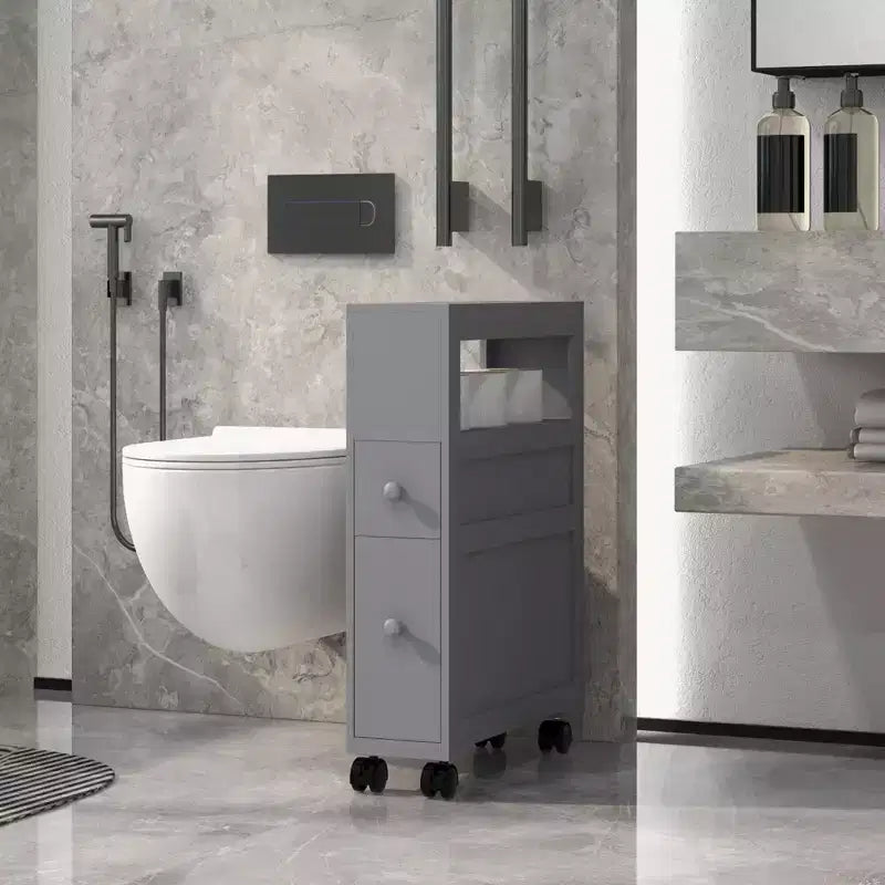 Mobiletto Salvaspazio da Bagno Stretto in Legno con Ruote 6,25 x 20,5 x 28,25