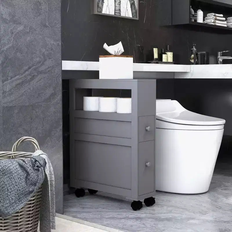 Mobiletto Salvaspazio da Bagno Stretto in Legno con Ruote 6,25 x 20,5 x 28,25