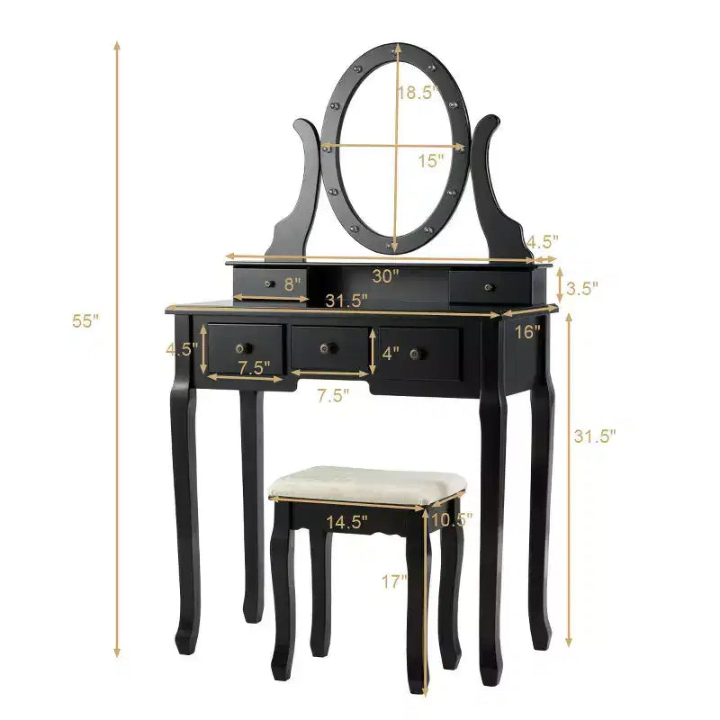 Toeletta Trucco con 5 Cassetti e 12 Luci LED Nera