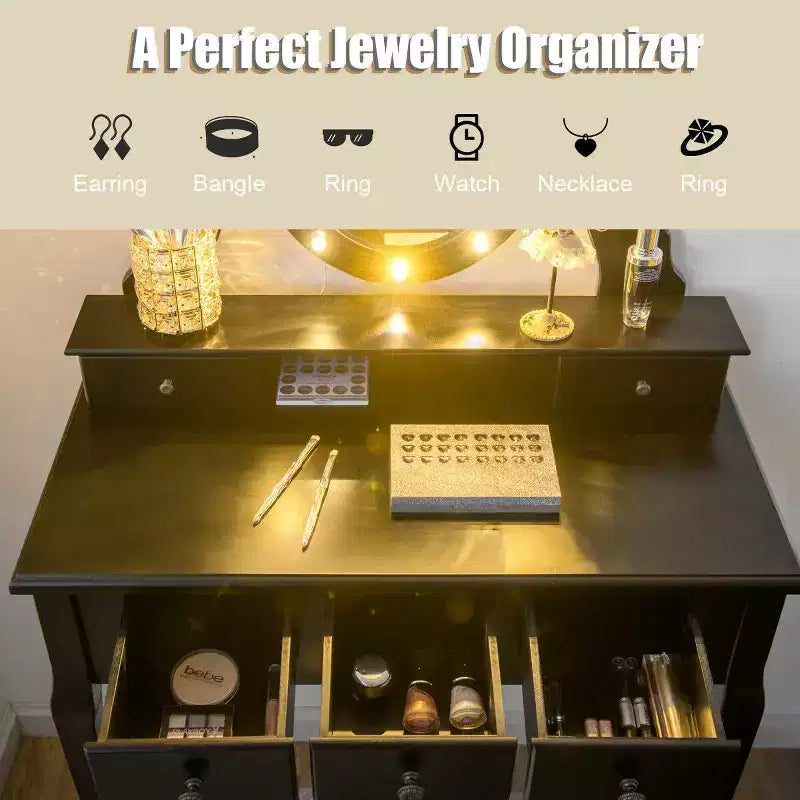 Toeletta Trucco con 5 Cassetti e 12 Luci LED Nera