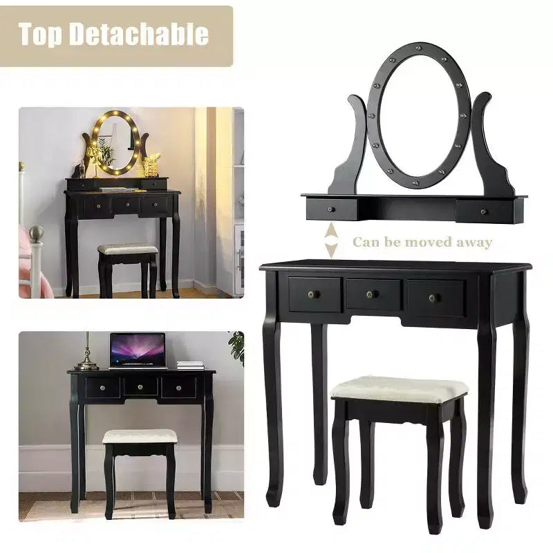 Toeletta Trucco con 5 Cassetti e 12 Luci LED Nera