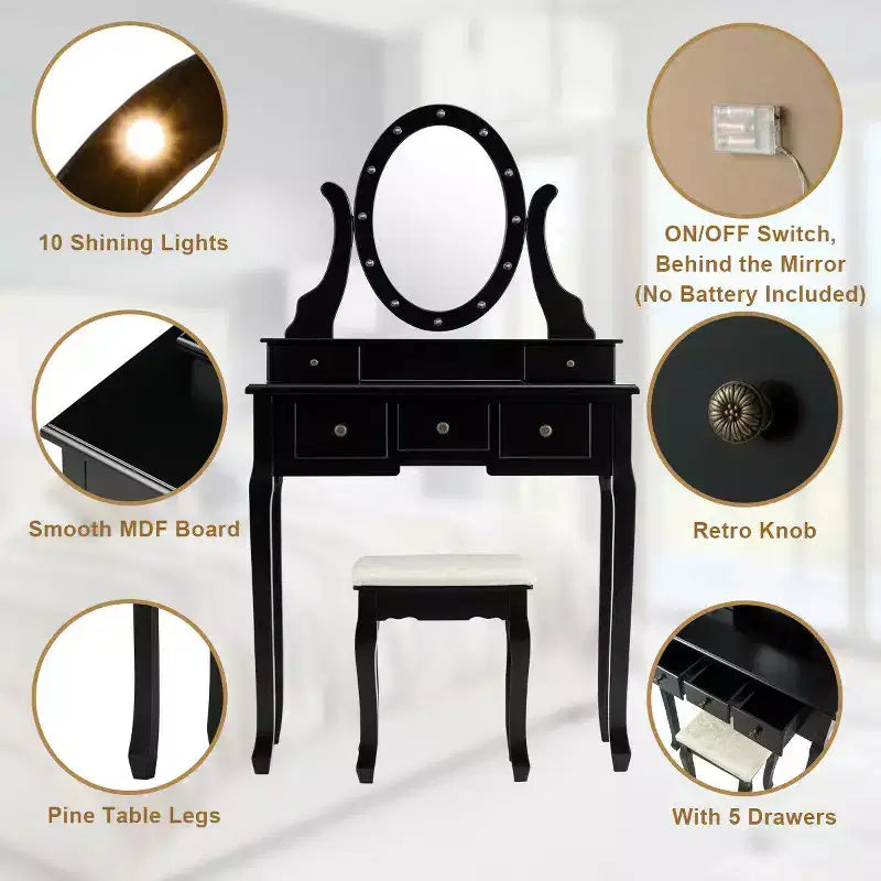 Toeletta Trucco con 5 Cassetti e 12 Luci LED Nera
